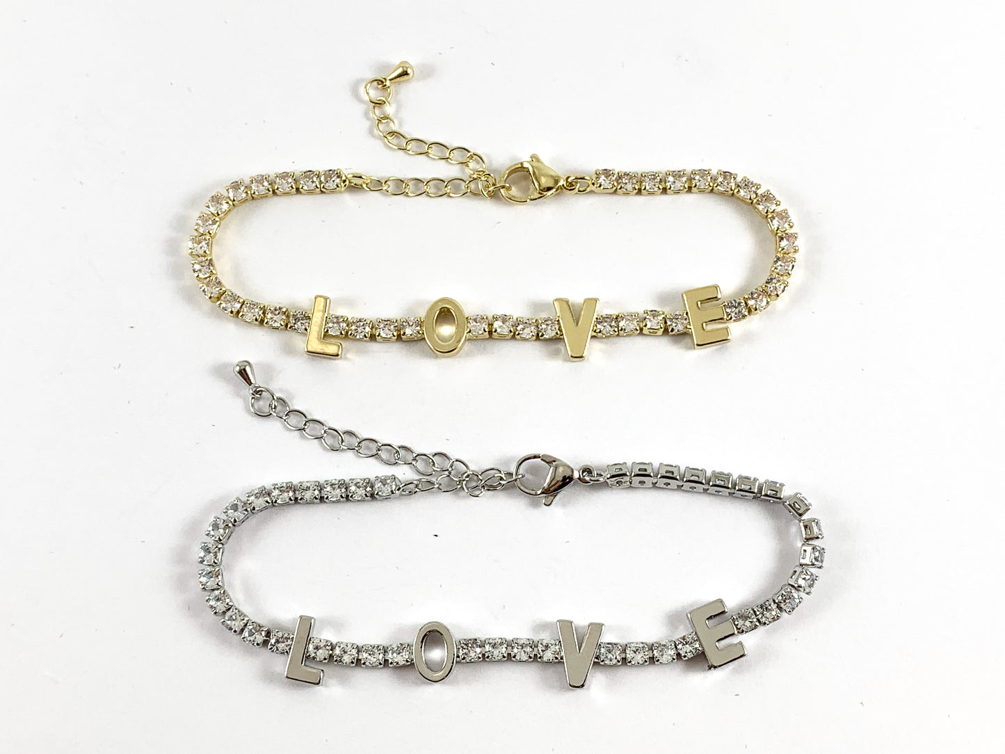Gold/Silver Plated CZ Pave Box Rhinestone Chain LOVE Bracelet with Extender 4pcs