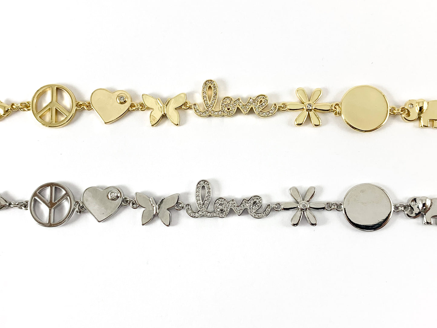 18K Gold Plated CZ Pave Love Elephant Flower Star Bee Heart Bracelet with Extender