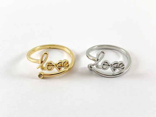 Real Gold 18K Plated Copper CZ Pave Graphic LOVE Bypass Adjustable Ring