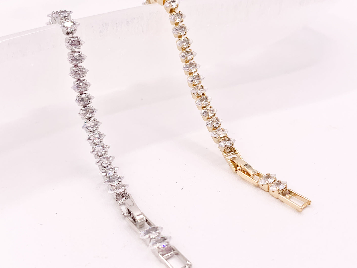 Delicate 18K Gold Silver Plated Dainty Minimalist Fancy Marquis Tennis Rhinestone Cup Chain Tennis Adjustable Bracelet 3 pcs