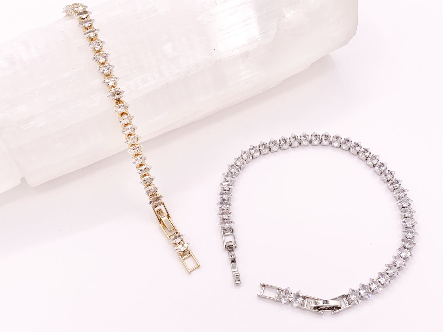 Delicate 18K Gold Silver Plated Dainty Minimalist Fancy Marquis Tennis Rhinestone Cup Chain Tennis Adjustable Bracelet 3 pcs