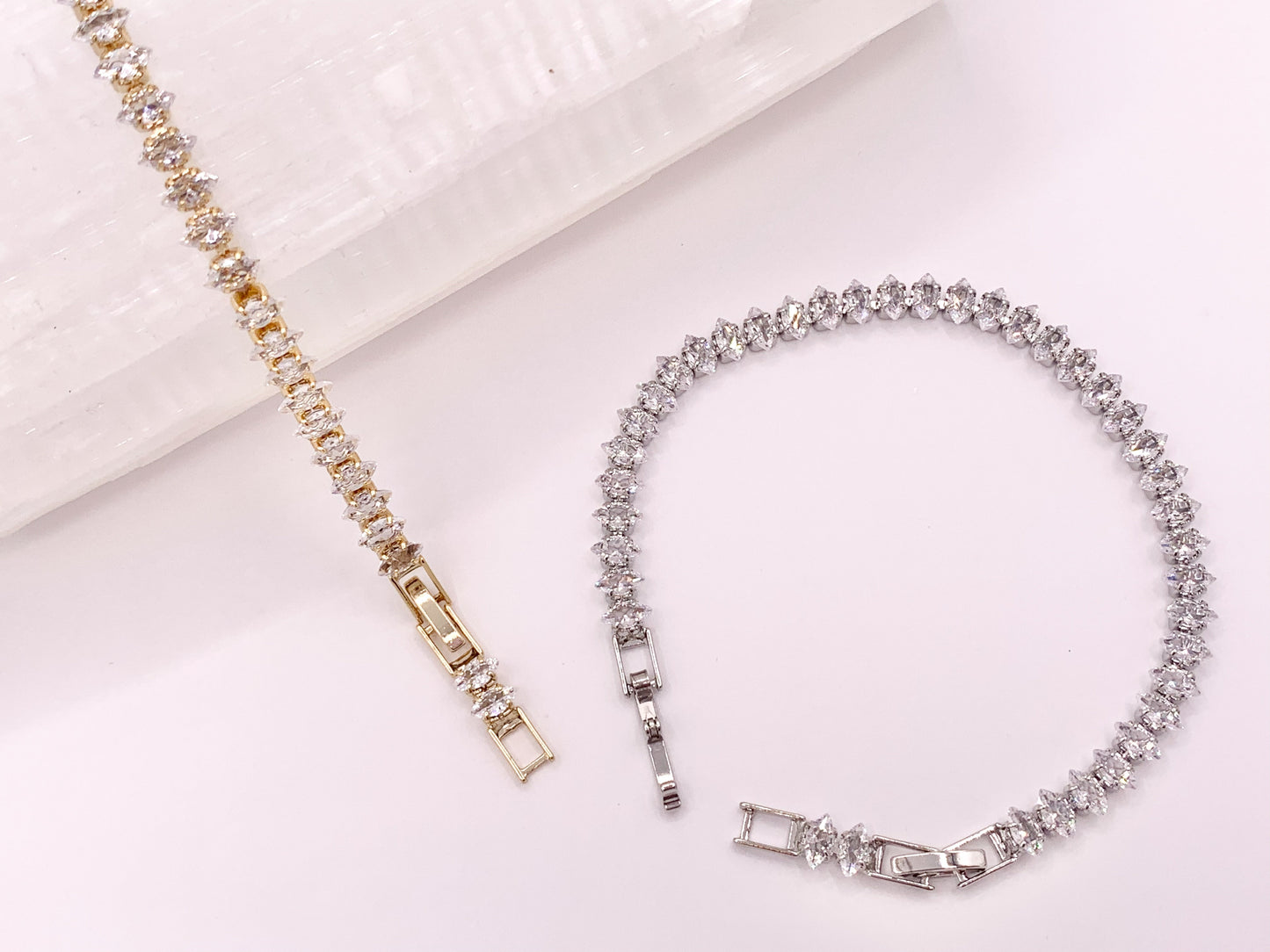 Delicate 18K Gold Silver Plated Dainty Minimalist Fancy Marquis Tennis Rhinestone Cup Chain Tennis Adjustable Bracelet 3 pcs