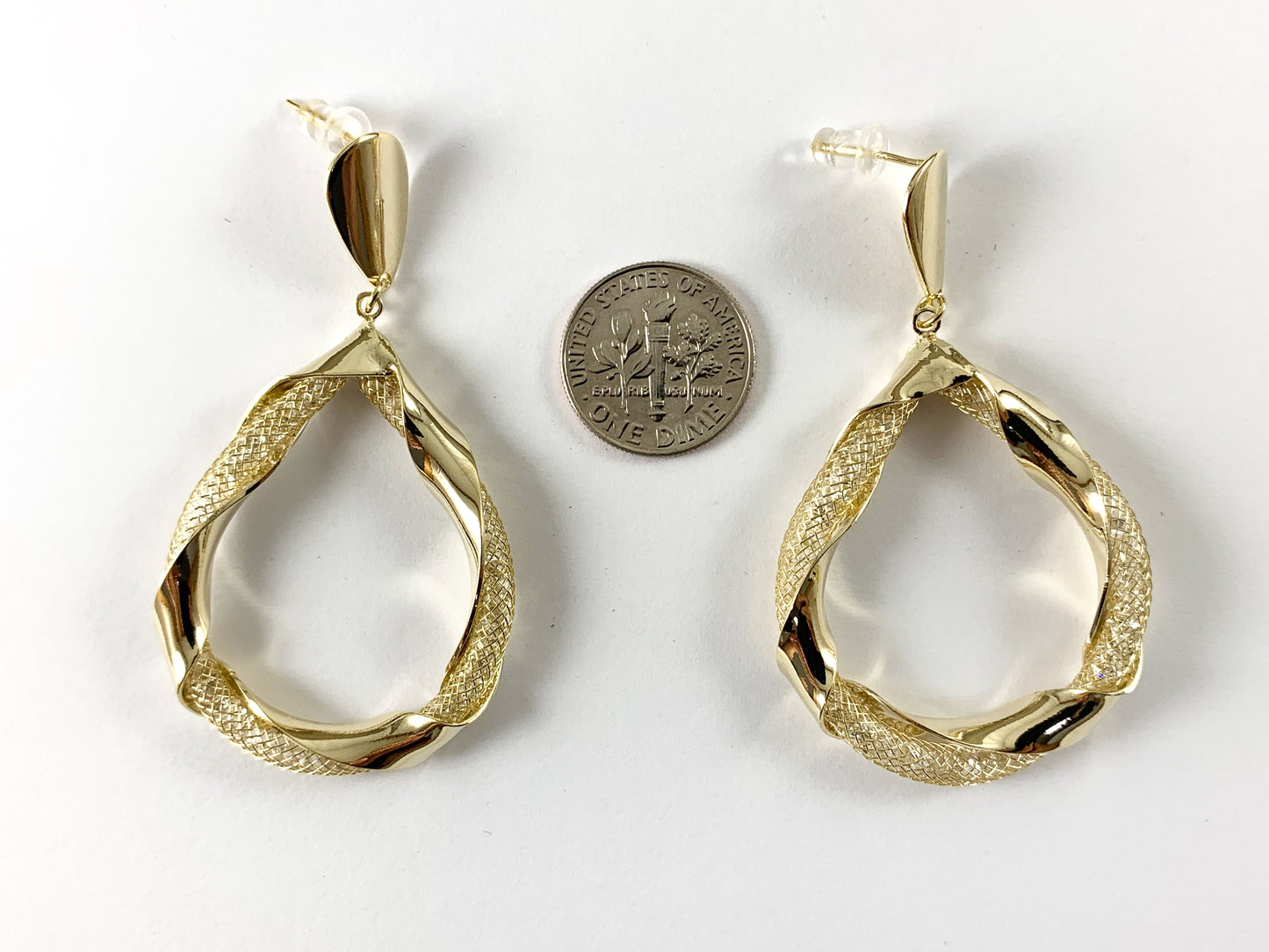 Real 18K Gold Plated Twisted Ribbon CZ Pave Mesh Teardrop Earring Over Copper 2 pairs