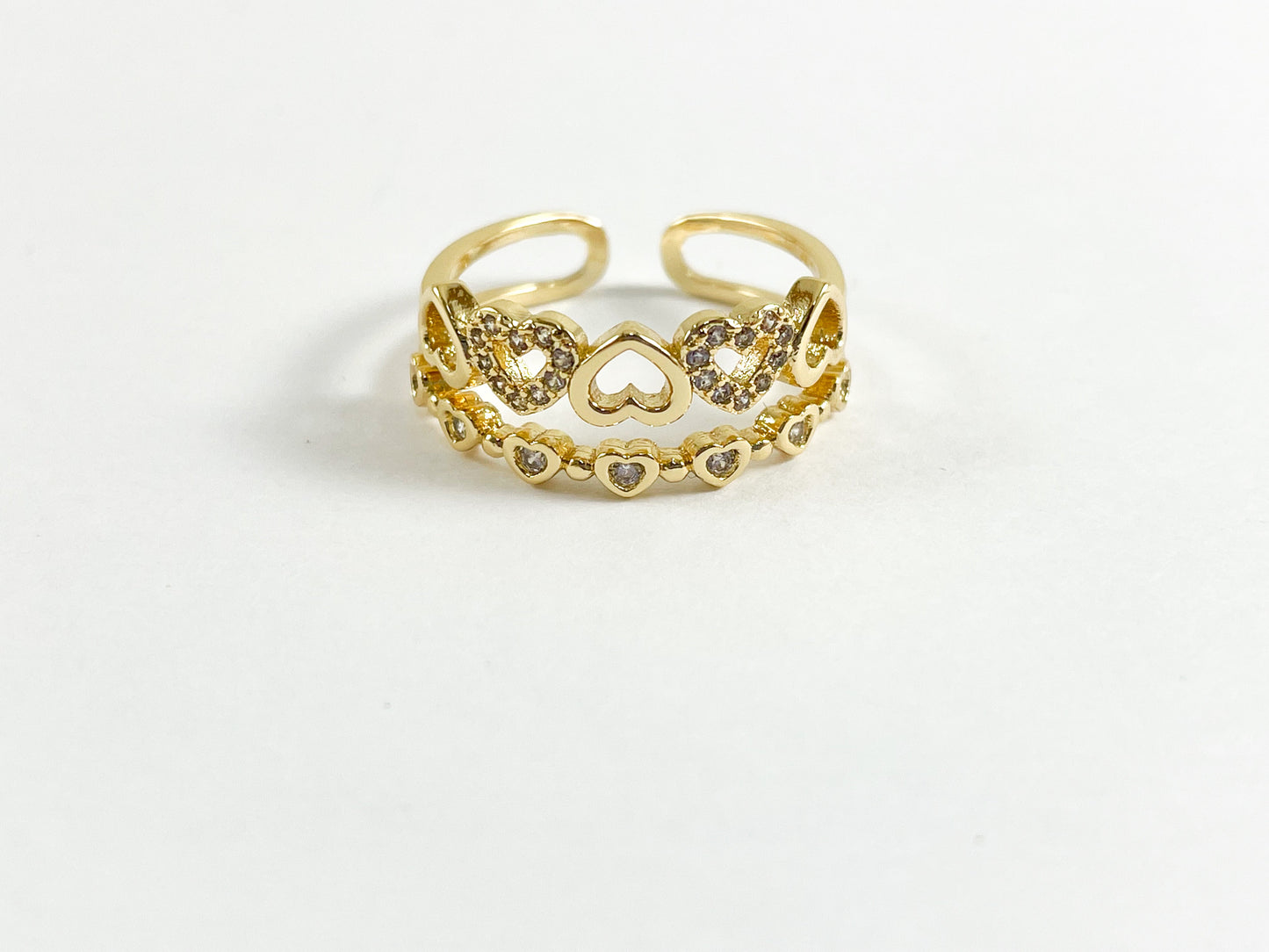 Real Gold 18K Plated CZ Pave Mini Hearts Double Band Adjustable Ring 6pc