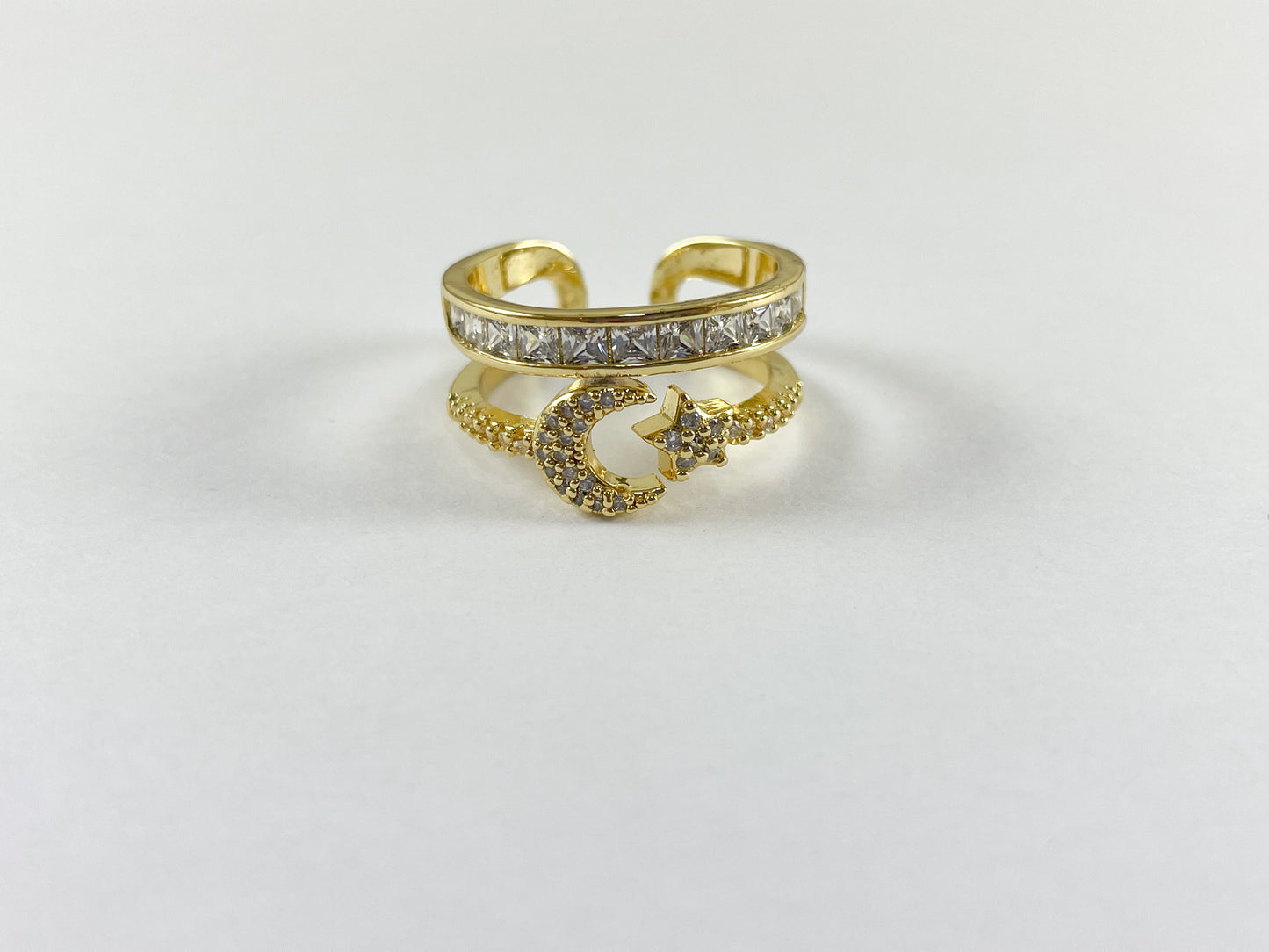 18K Gold and Platinum Plated Double Banded CZ Pave Moon Star Adjustable Ring 4pcs