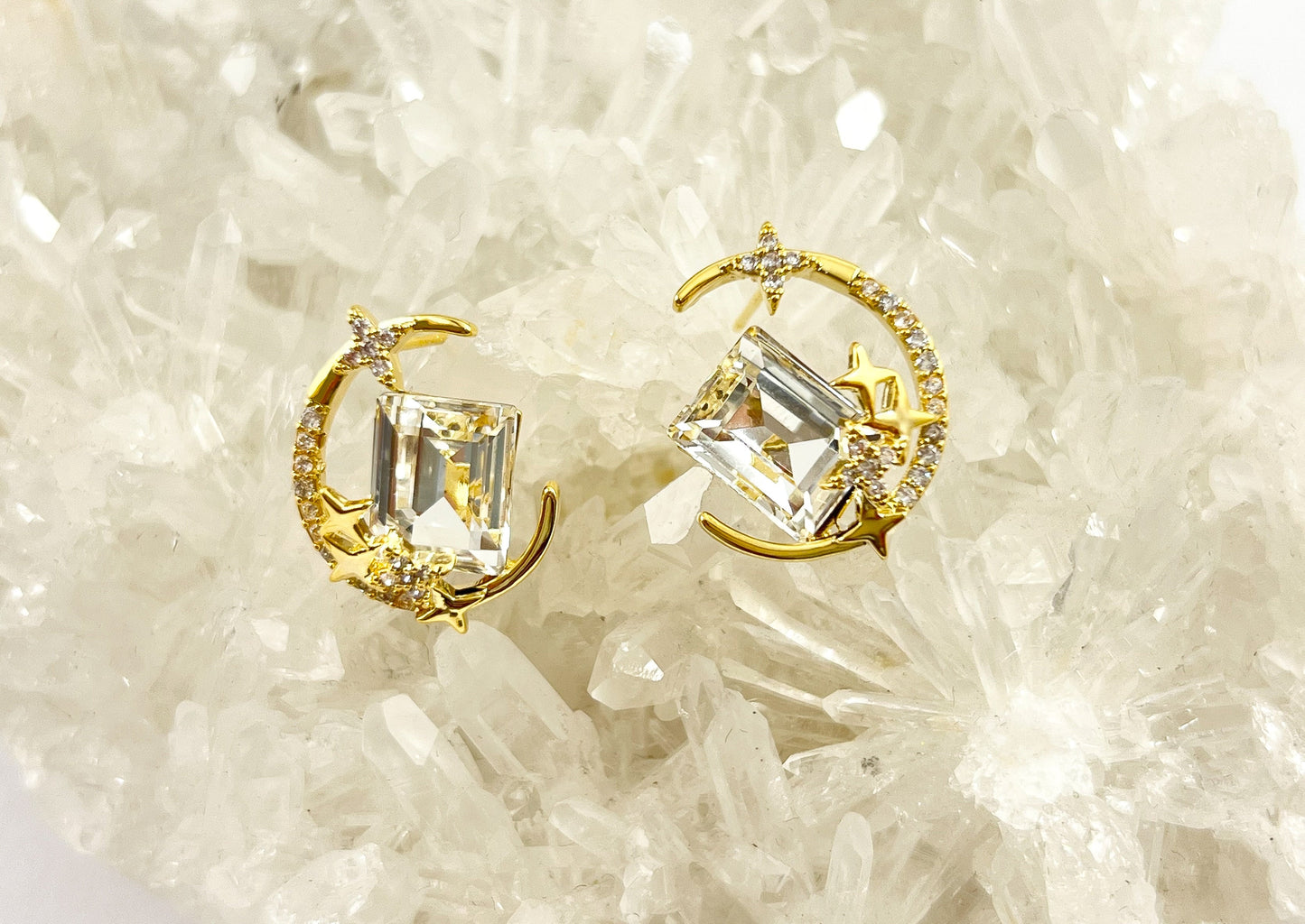 Gold CZ Pave Moon Crescent Starburst Celestial Earring Studs in 18K Gold Plating over Copper 3 pairs