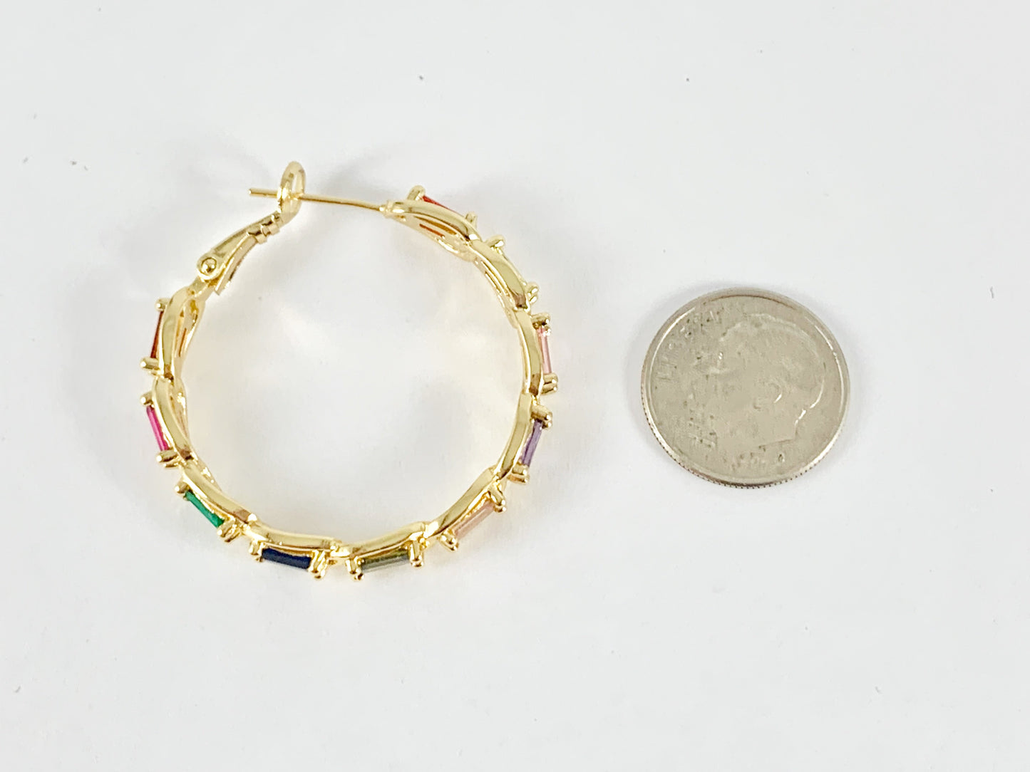 Multicolor Baguette CZ Pave Hoops in 18K gold or silver plated over Copper 2 pairs