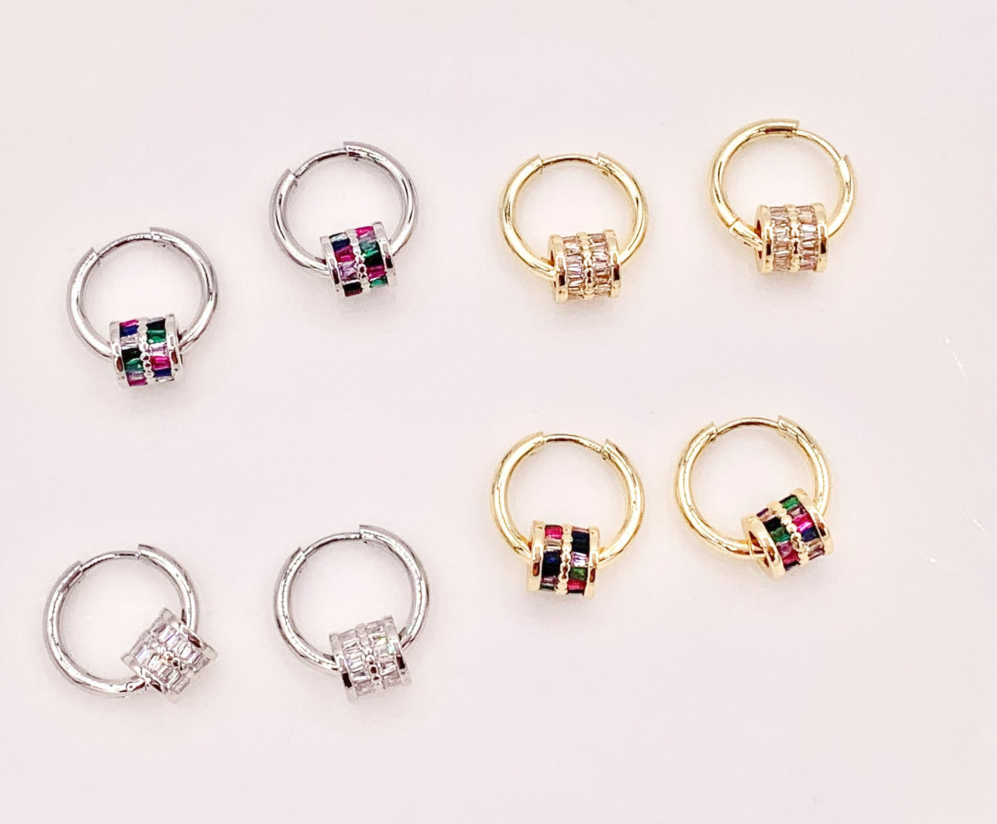 Trendsetting Gorgeous Cubic Zirconia Barrel Beads Large Hole Bead Dangle Earring Huggies in 18K Gold/Silver Plated Copper 3 pairs