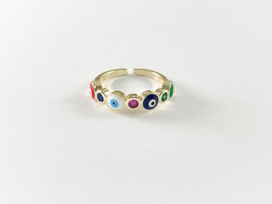 Colorful Enamel 18K Gold Plated Multi Copper CZ Pave Evil Eye Adjustable Ring 4pcs