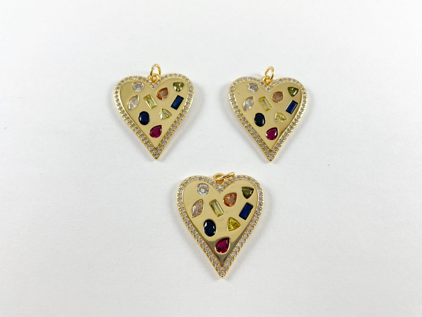 18K Gold Plated Multi Micro CZ Pave Heart Charm Pendant Over Copper 3pcs
