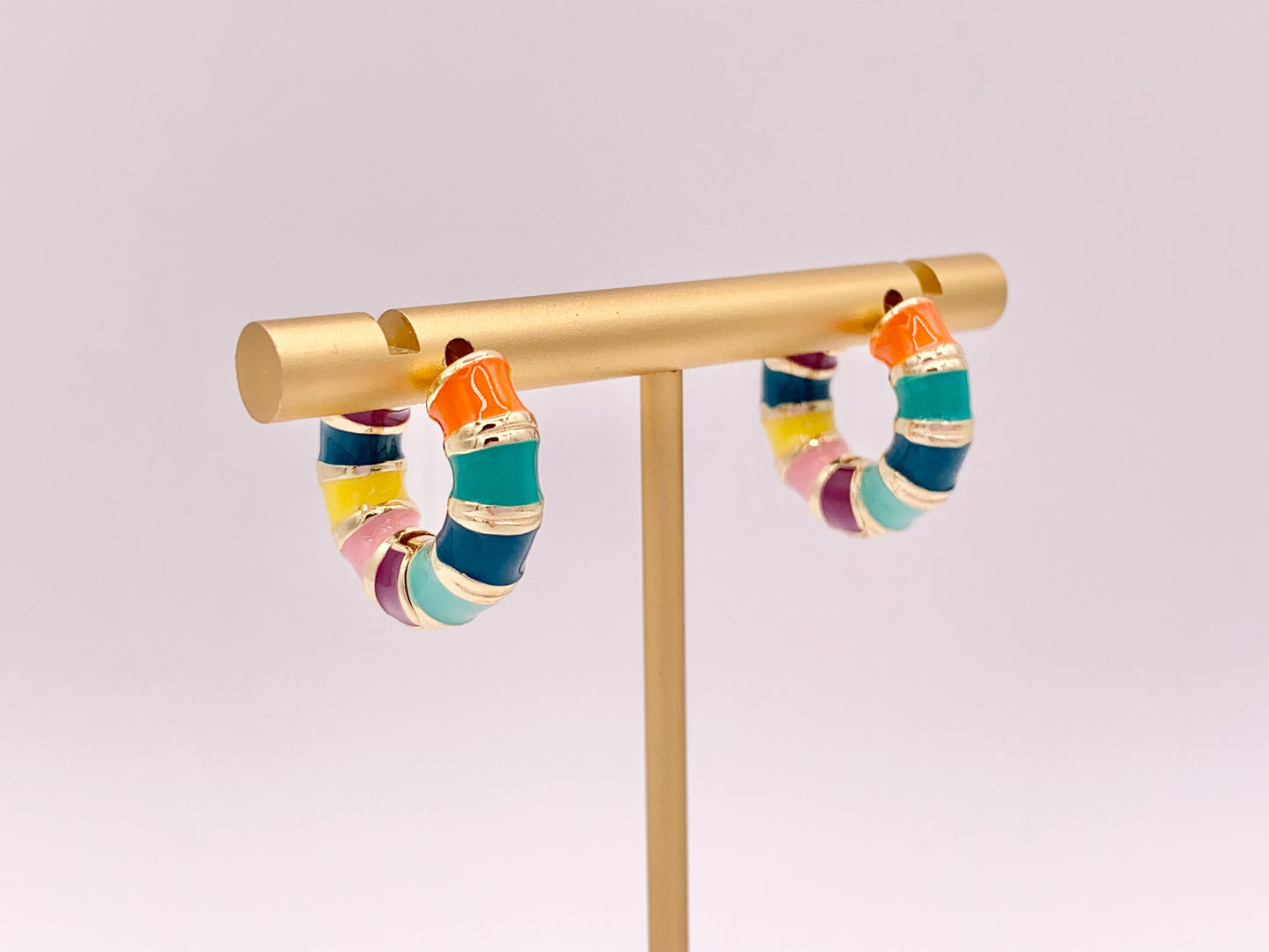 Multicolor Enamel Striped Earring Huggie Hoops in 18K Gold Plated Copper 3 pairs