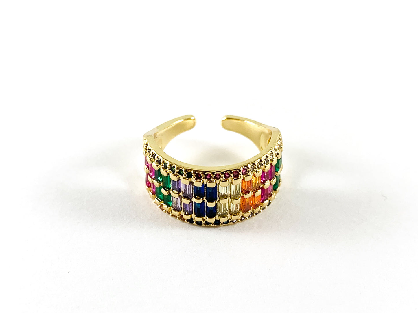 18K Real Gold/Platinum Plated Rainbow Multi CZ Full Pave Bar Statement Ring 3pcs
