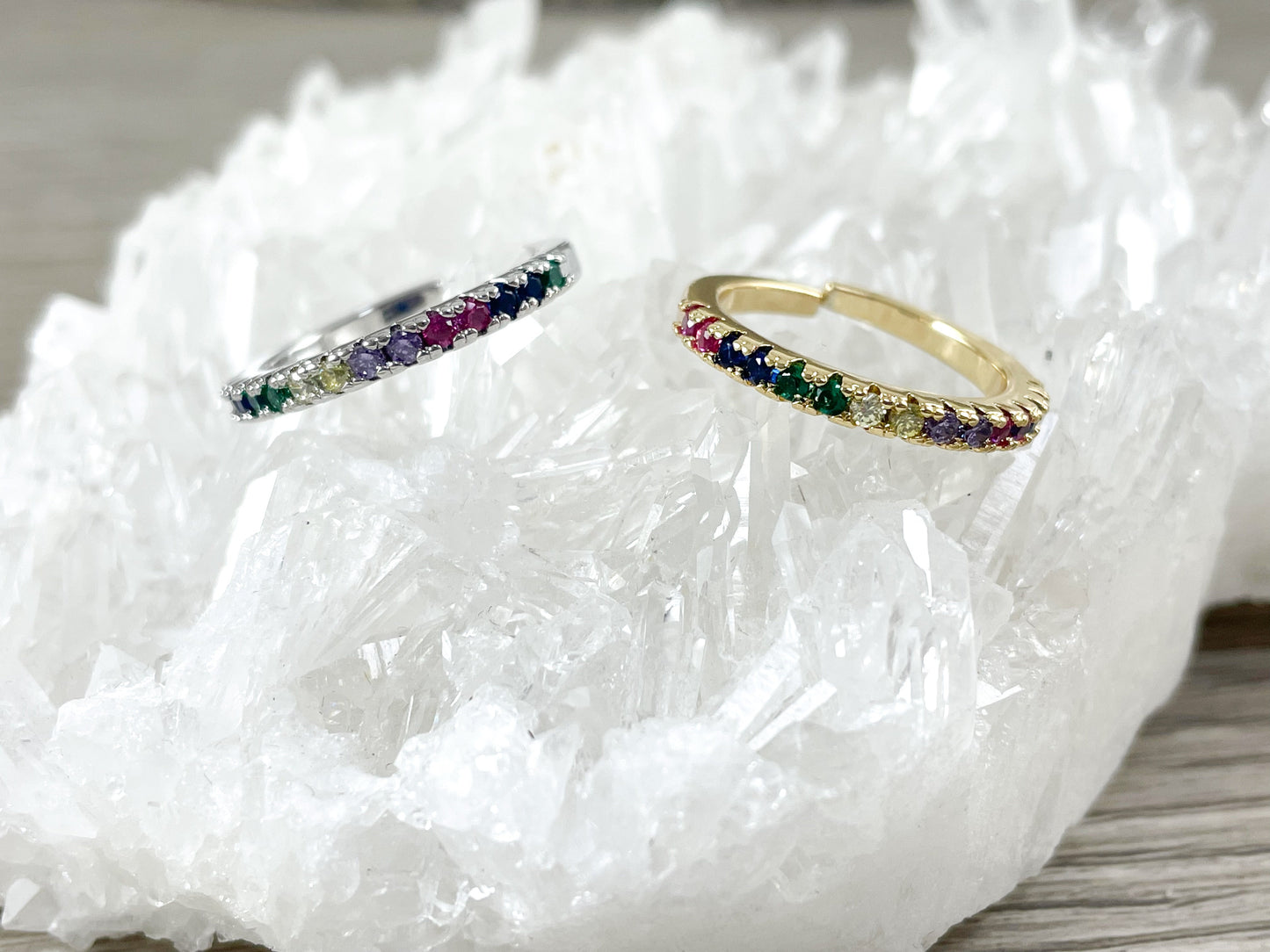 18K Real Gold/Platinum Plated Copper Multi Color CZ Pave Dainty Adjustable Ring 6pcs