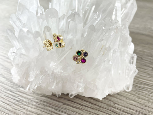 18K Gold Plated Copper Multi Cluster CZ Pave Studs 5 pairs