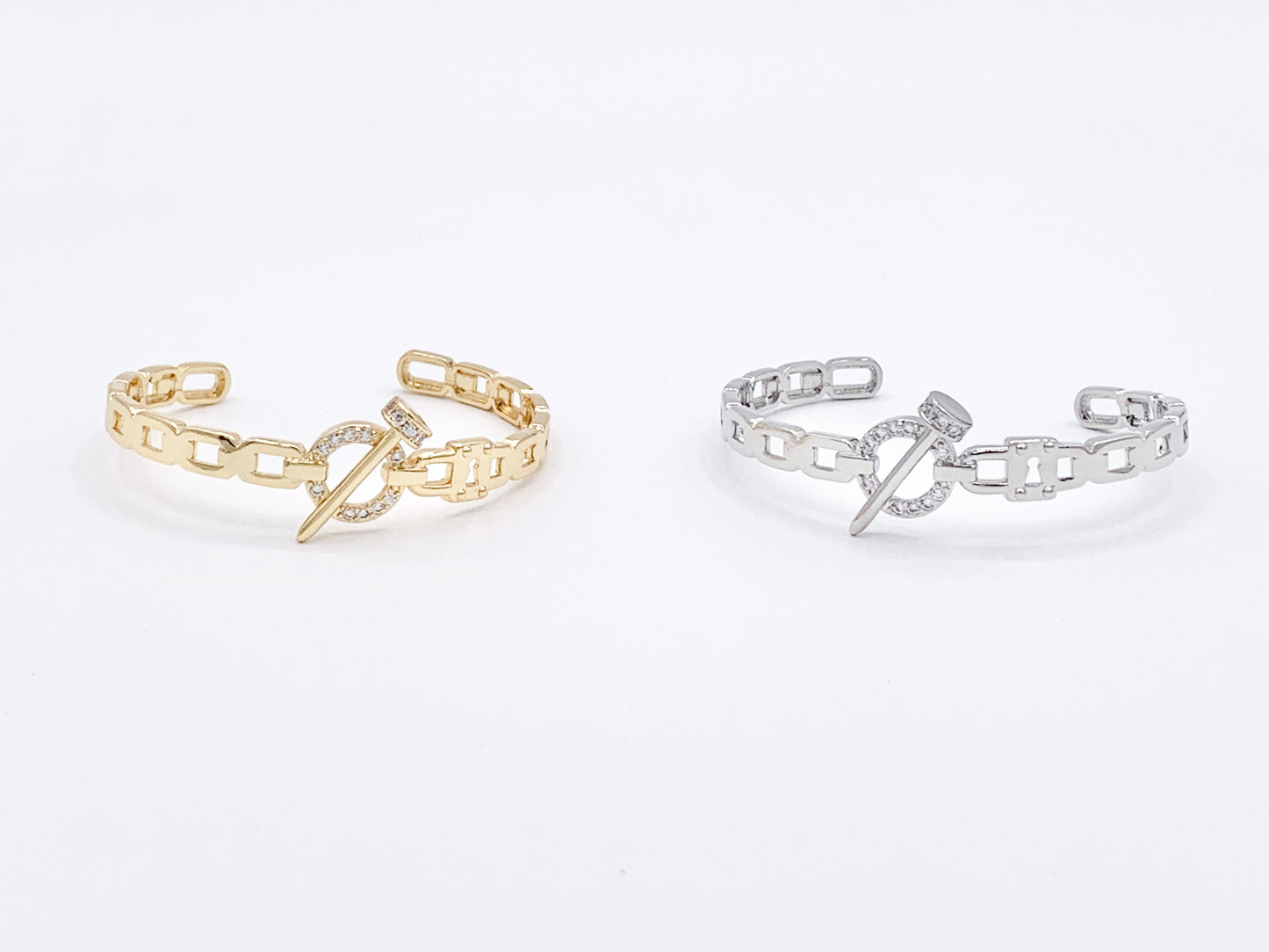 Trendy Designer Like CZ Pave Rhinestone Link Lock Nail Adjustable Bracelet Cuffs in Real 18K Gold/Platinum Plated Copper 1 pc