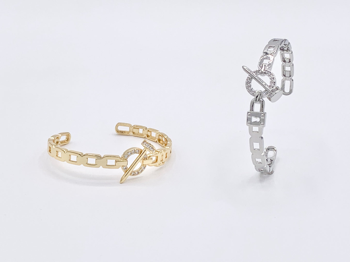Trendy Designer Like CZ Pave Rhinestone Link Lock Nail Adjustable Bracelet Cuffs in Real 18K Gold/Platinum Plated Copper 1 pc