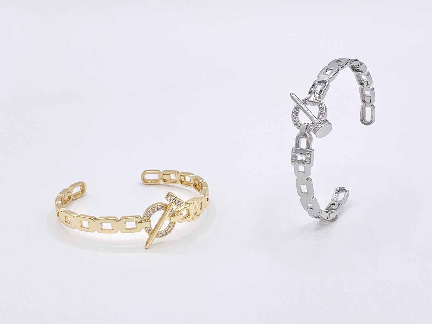 Trendy Designer Like CZ Pave Rhinestone Link Lock Nail Adjustable Bracelet Cuffs in Real 18K Gold/Platinum Plated Copper 1 pc