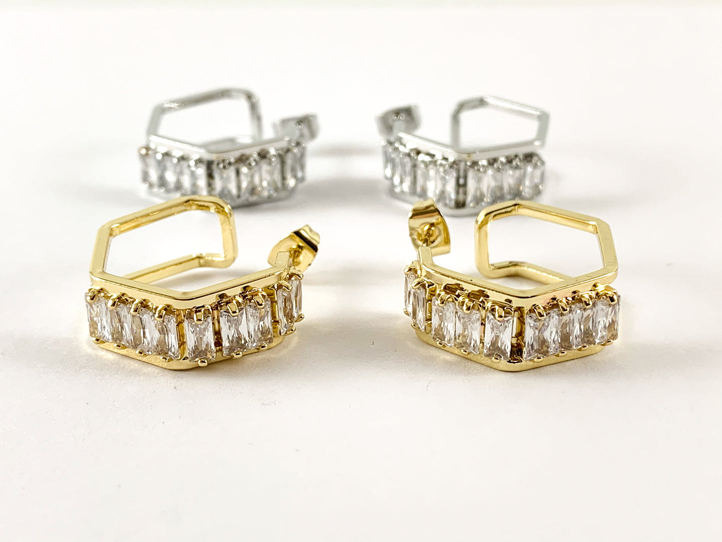 Real Gold/Platinum 18K Plated CZ Pave Brass Hexagon Earring Hoop 3 pairs