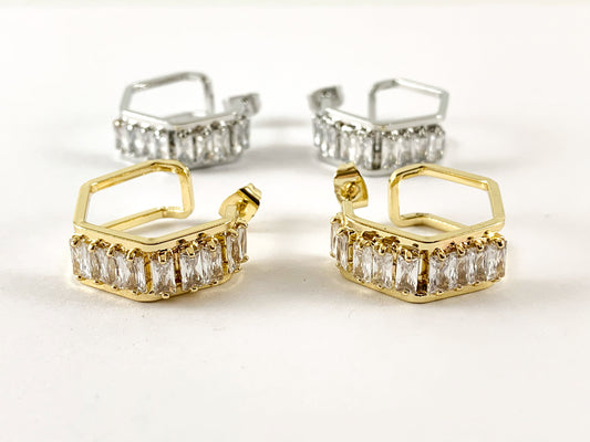 Real Gold/Platinum 18K Plated CZ Pave Brass Hexagon Earring Hoop 3 pairs