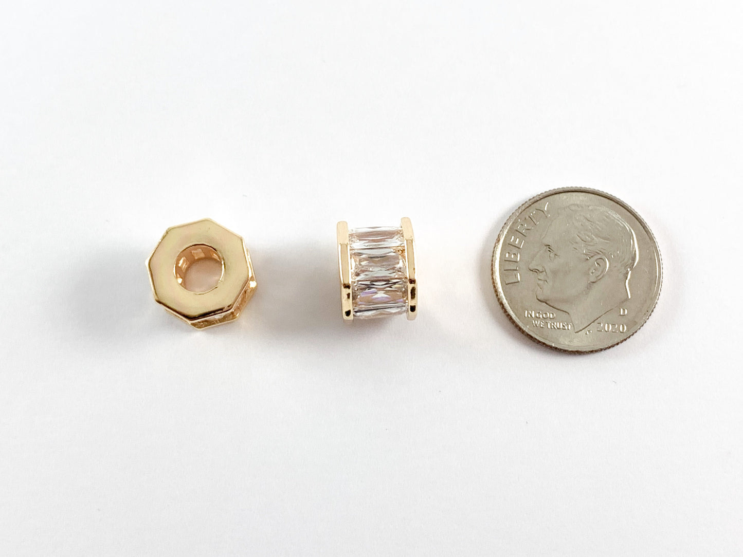 Real Gold 18K Plated Micro CZ Baguette Pave Octagon Large Hole Spacers Beads Over Brass 6 pcs
