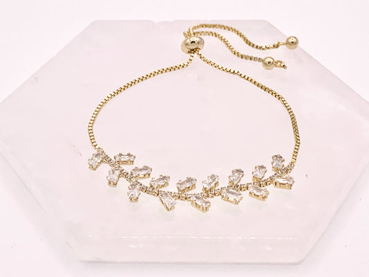 Olive Branch Style Cut CZ Pave Rhinestone Box Chain Dainty Slide Adjustable Bracelets in 18K Gold Plated Copper 3 pcs