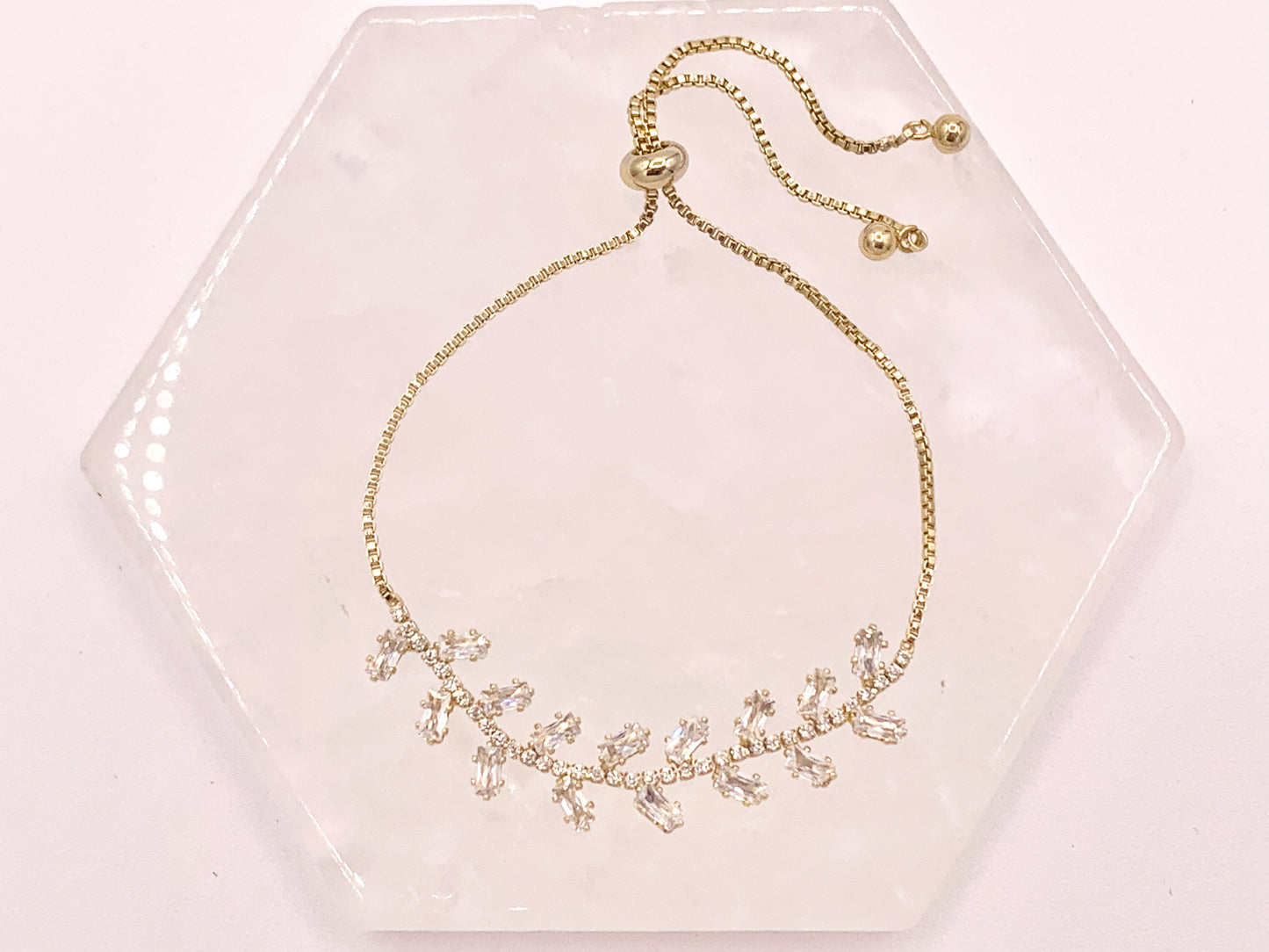 Olive Branch Style Cut CZ Pave Rhinestone Box Chain Dainty Slide Adjustable Bracelets in 18K Gold Plated Copper 3 pcs