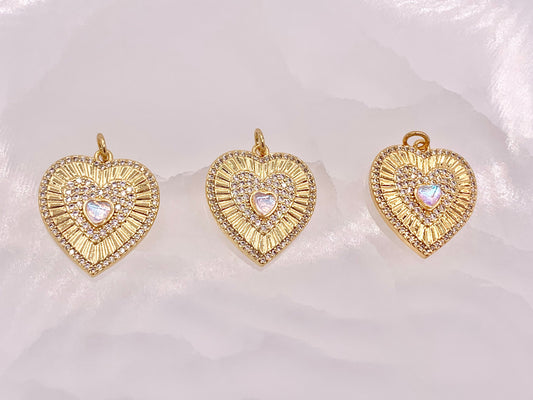 Gold Heart Pendant Charms Opalite Center CZ Pave Designed in 18K Gold Plated Copper 5 pcs