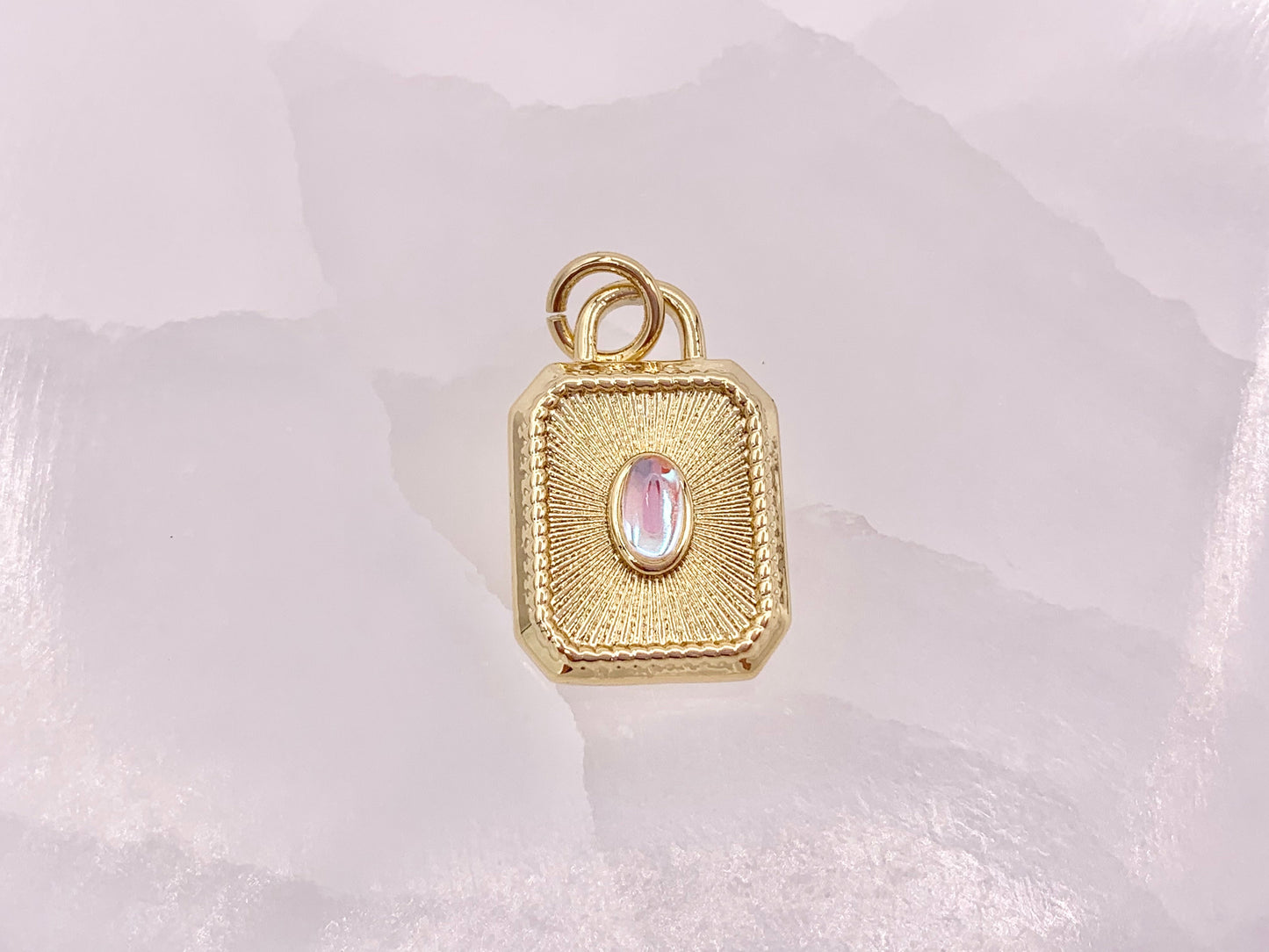 Gold Rectangle Tag Pendant Charms Opalite Center in 18K Gold Plated Copper 5 pcs