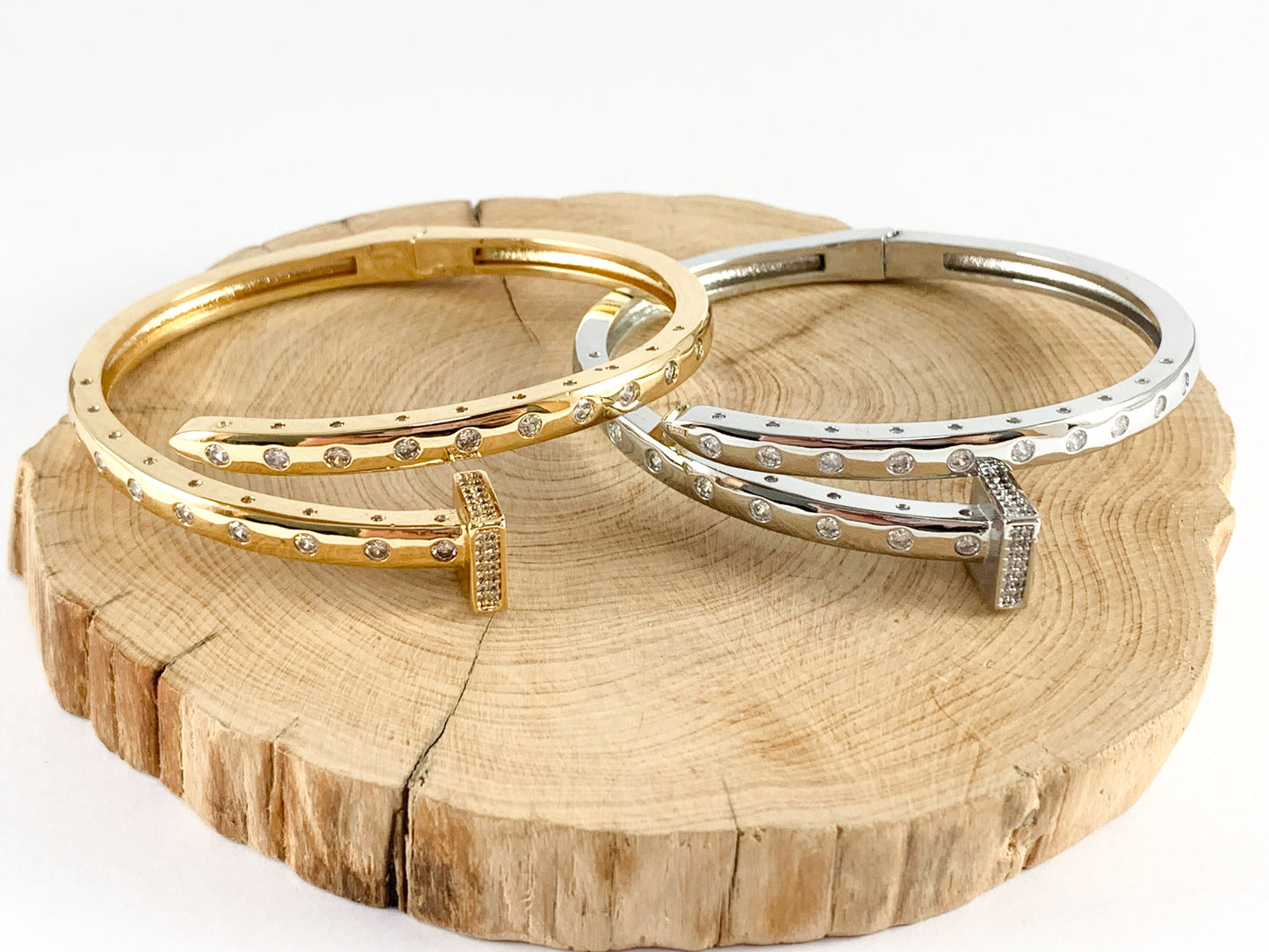Real 18K Gold/Silver Plated Copper CZ Pave Square Open Ends Bypass Sling Open Bracelet Cuffs/Bangle 1 pc