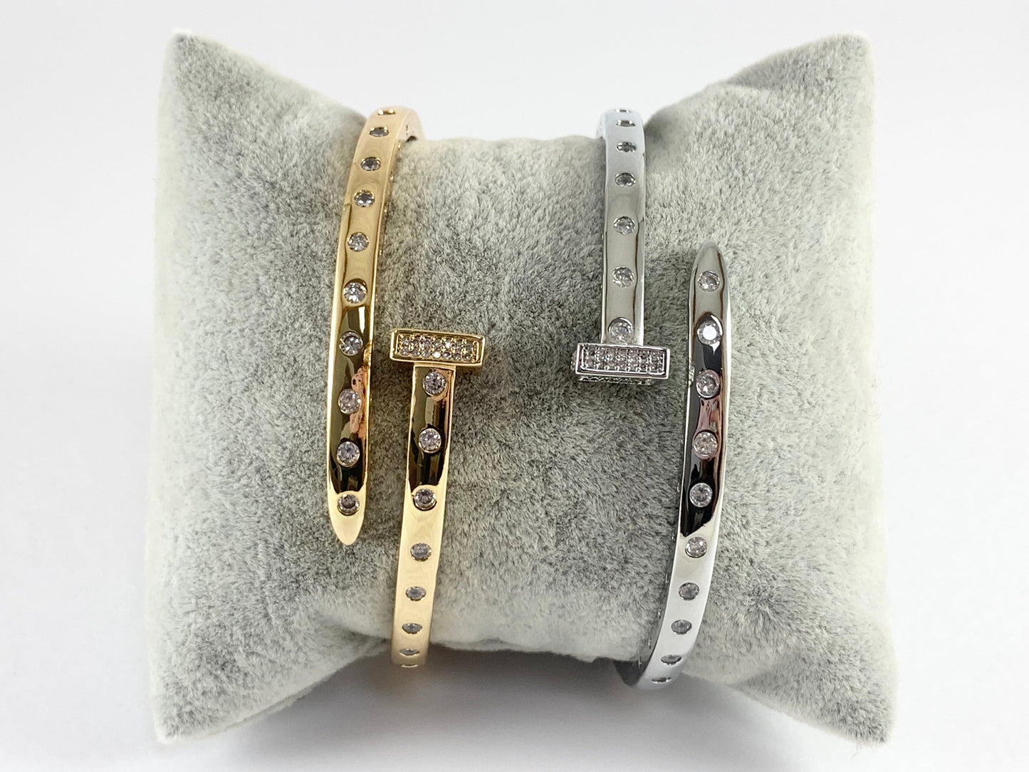 Real 18K Gold/Silver Plated Copper CZ Pave Square Open Ends Bypass Sling Open Bracelet Cuffs/Bangle 1 pc