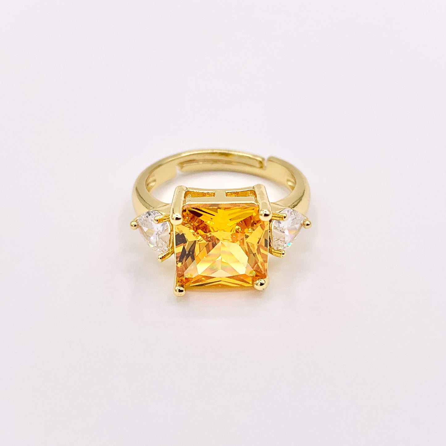 Radiant Princess Cut Square Ring in CZ Pave Orange Rhinestone Side Hearts Adjustable Rings in 18K Gold Plated Copper 4pcs