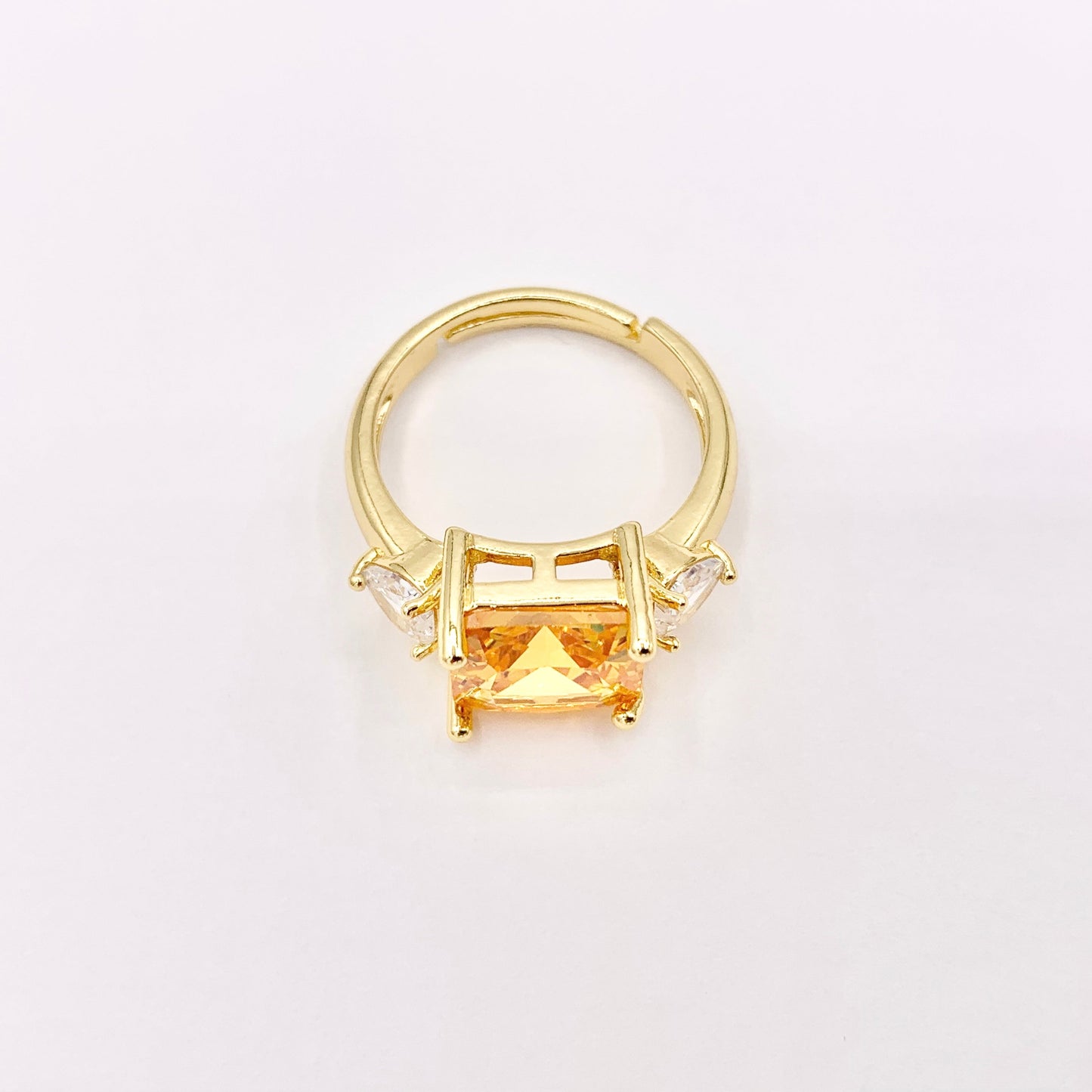 Radiant Princess Cut Square Ring in CZ Pave Orange Rhinestone Side Hearts Adjustable Rings in 18K Gold Plated Copper 4pcs