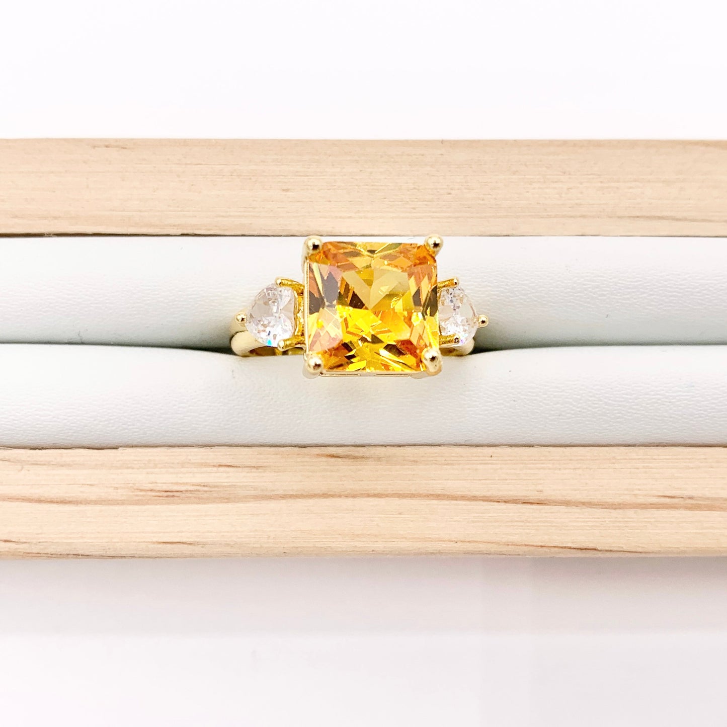 Radiant Princess Cut Square Ring in CZ Pave Orange Rhinestone Side Hearts Adjustable Rings in 18K Gold Plated Copper 4pcs
