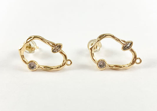 Organic Ovals with Geometric Cubic Zirconia Earring Findings Component with Loop in 18K Gold plated Copper 5 pairs