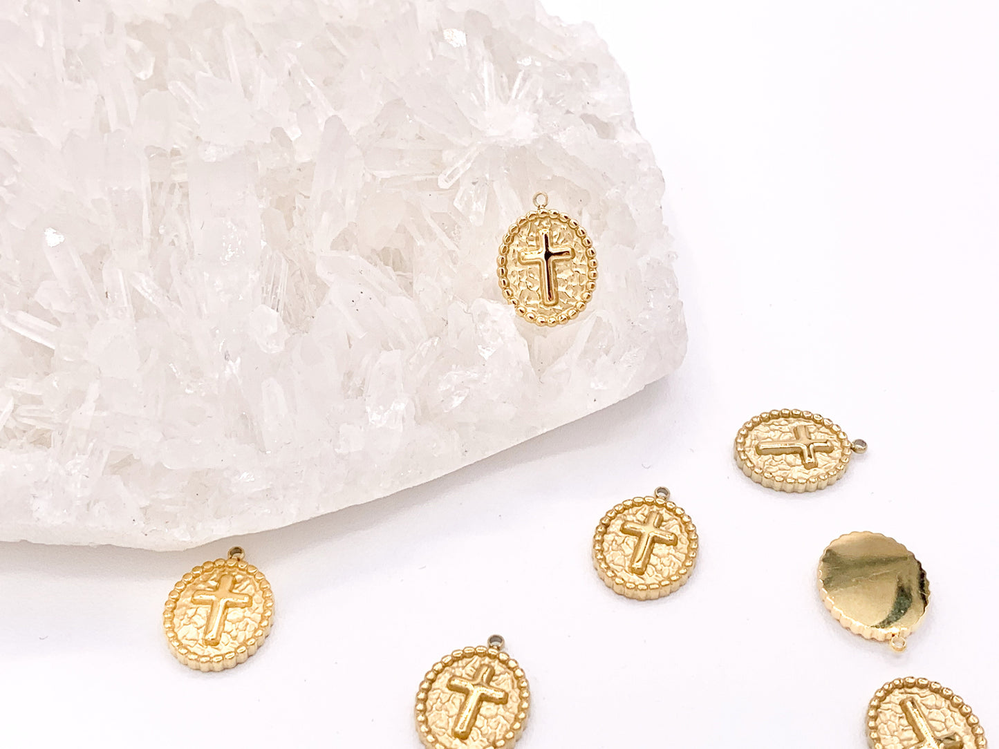 Intricate Religious Cross Rosary Oval Charms in 18K Gold plated over Copper 10 pcs