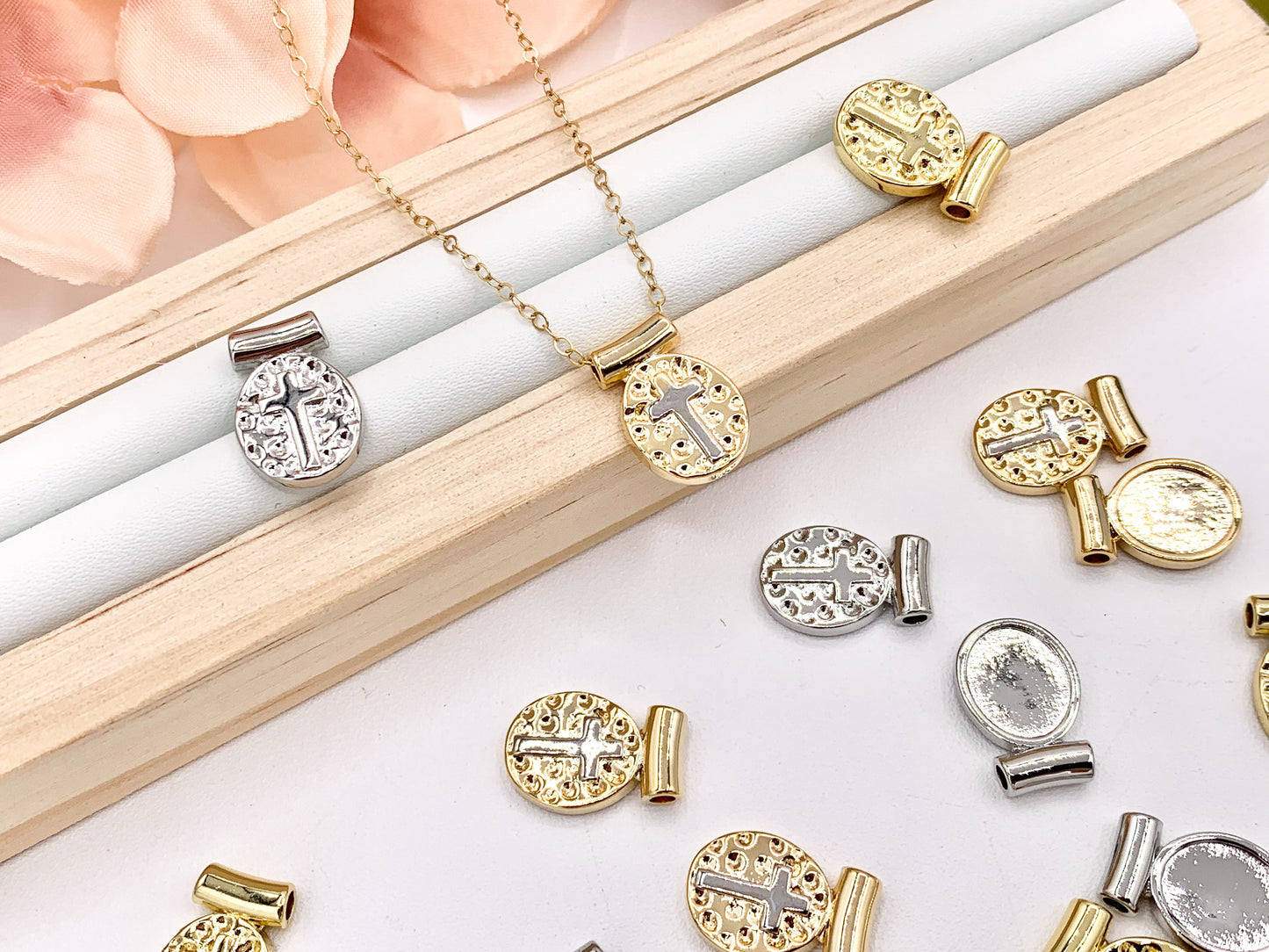 Hammered Oval Cross Pendant Charms in 18K Gold/Silver plated Copper 8-10pcs