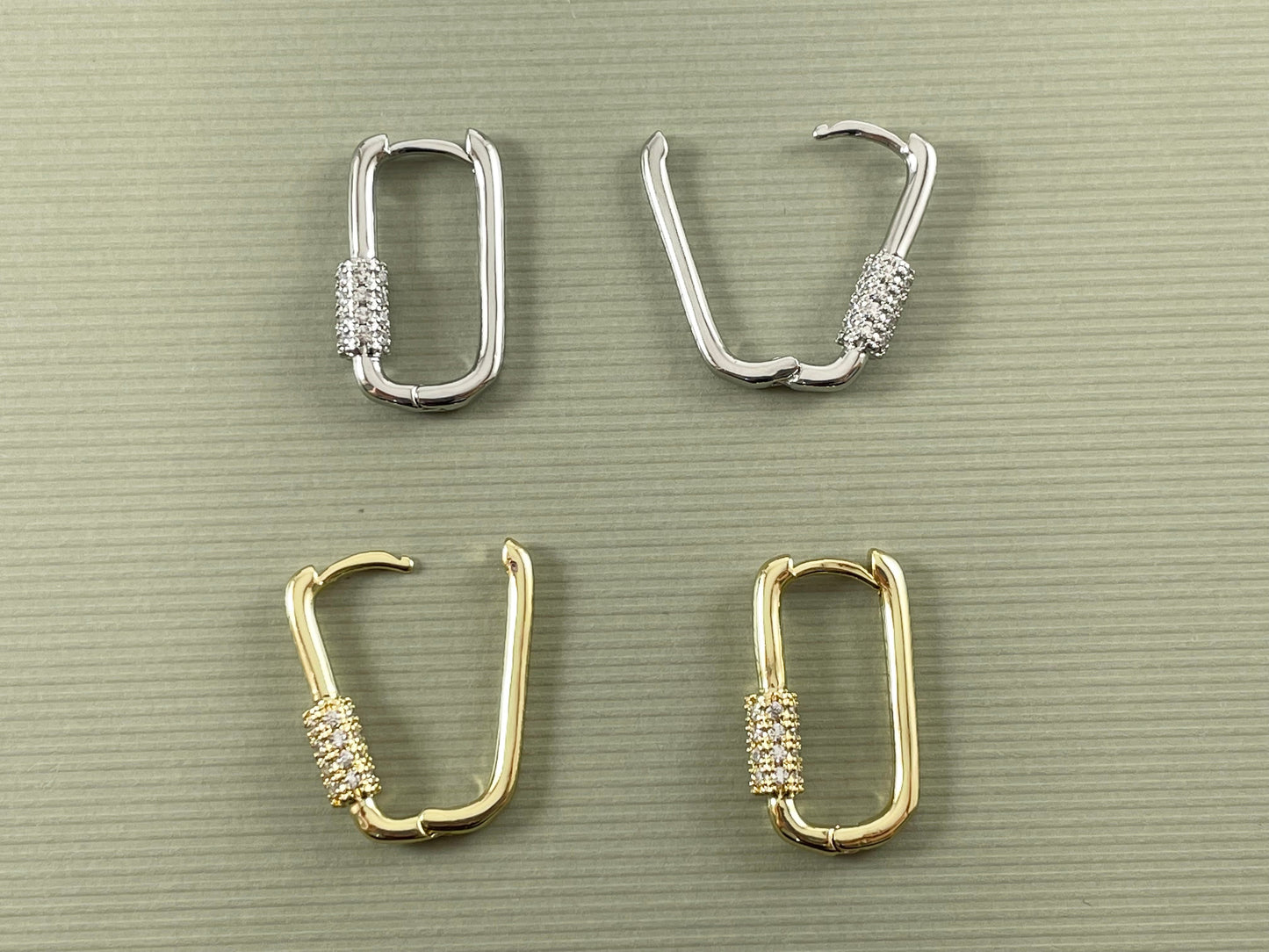Real Gold/Platinum 18K Micro Pave CZ Oval Rectangle Earring Hoop Huggies 3 pairs