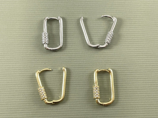 Real Gold/Platinum 18K Micro Pave CZ Oval Rectangle Earring Hoop Huggies 3 pairs