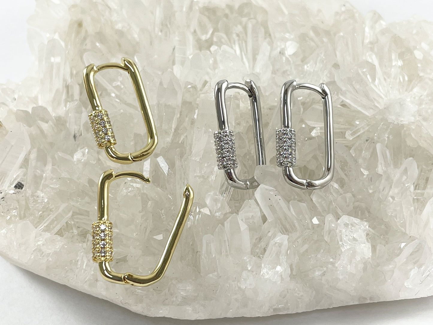 Real Gold/Platinum 18K Micro Pave CZ Oval Rectangle Earring Hoop Huggies 3 pairs