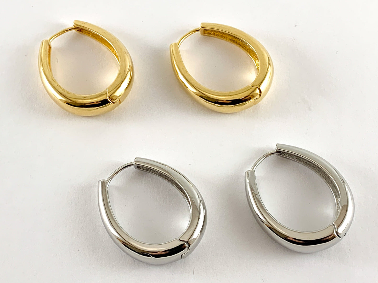 18K Real Gold/Platinum Plated Oval Hoops Earrings 3 pairs