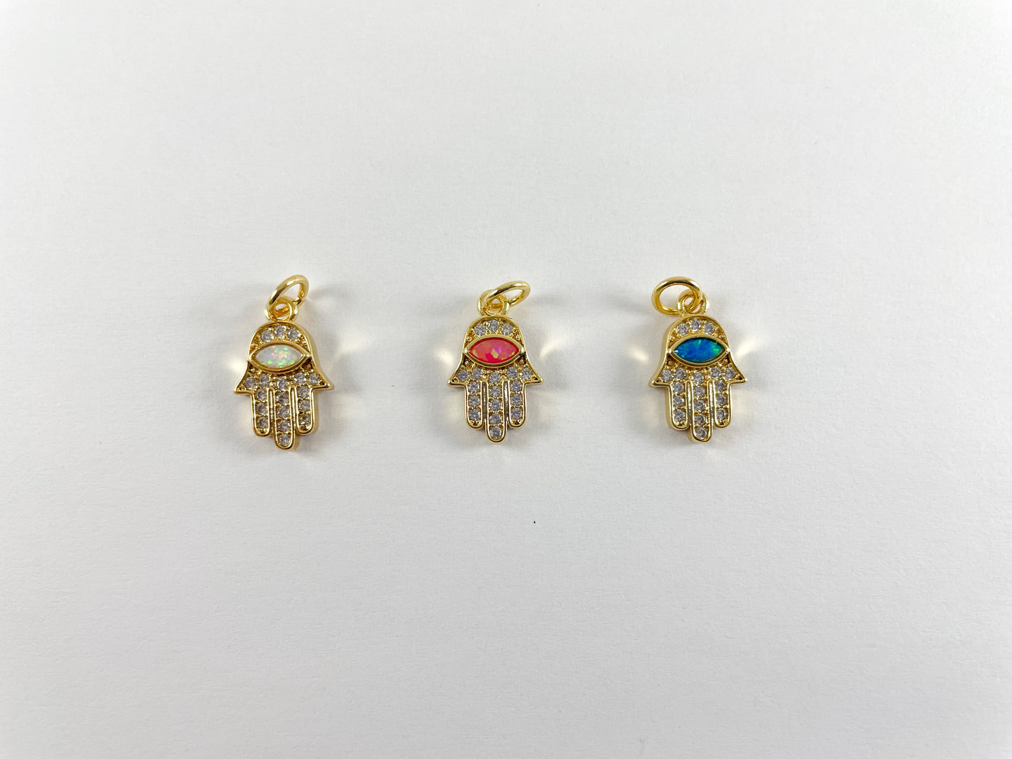 18K Gold Plated Micro CZ Pave Rhinestone Japanese Opal Hamsa Hand Pendant Charm Over Brass 5pcs