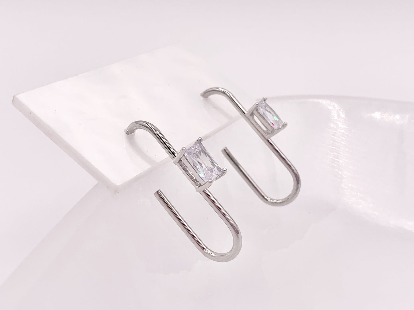 Minimal Paperclip Earring with Cubic Zirconia Emerald Cut Rhinestone in 18K Gold Silver Plated Copper Earrings 4 pairs