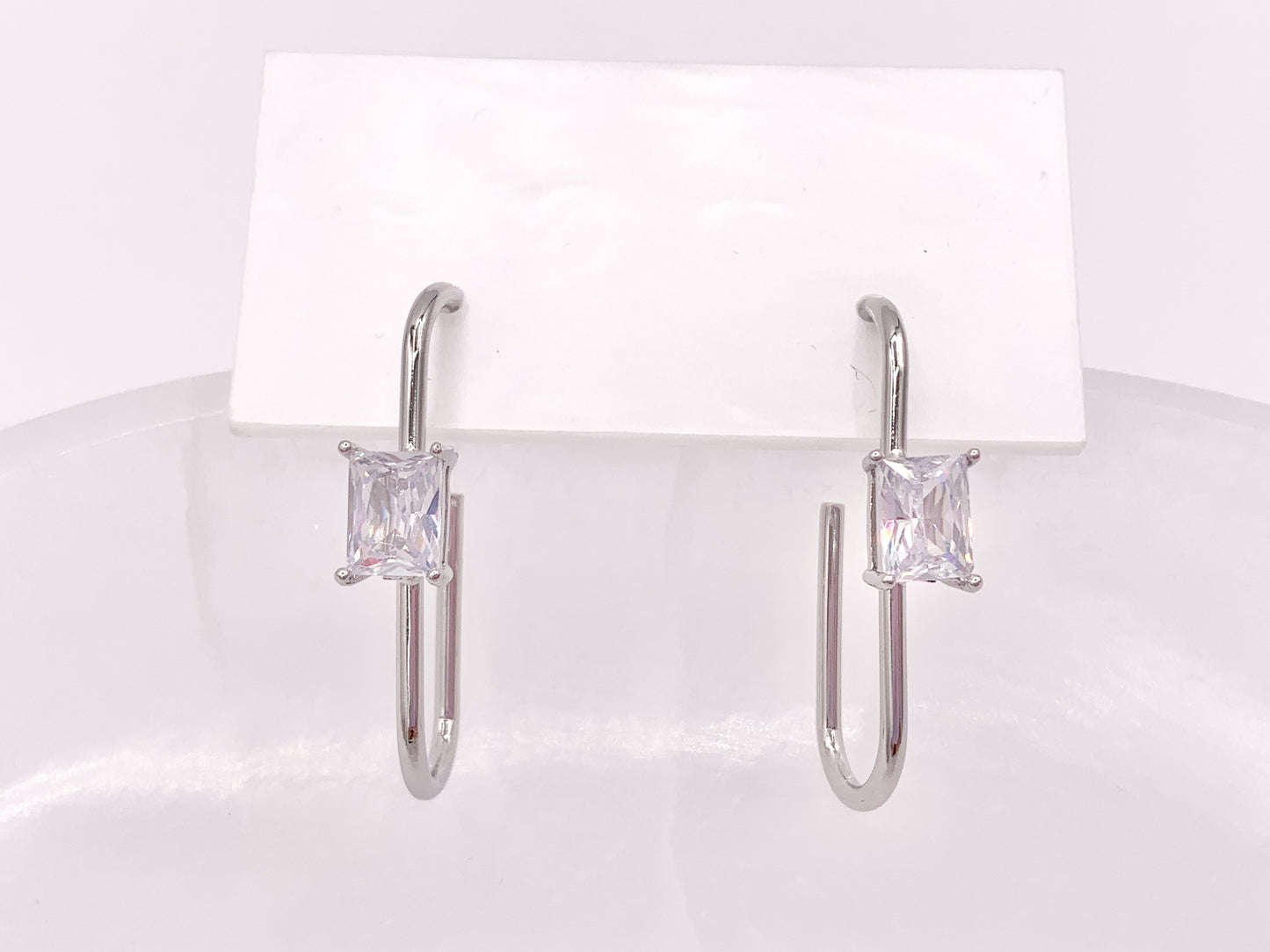 Minimal Paperclip Earring with Cubic Zirconia Emerald Cut Rhinestone in 18K Gold Silver Plated Copper Earrings 4 pairs