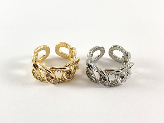 18K Real Gold/Platinum Plated CZ Pave Wavy Cuban Link Ring 4pcs