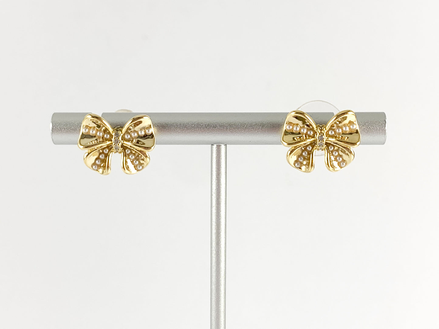 Cute Bowtie Studs with Pearls and CZ Pave in 18K Gold or Silver plated Copper 4 pairs