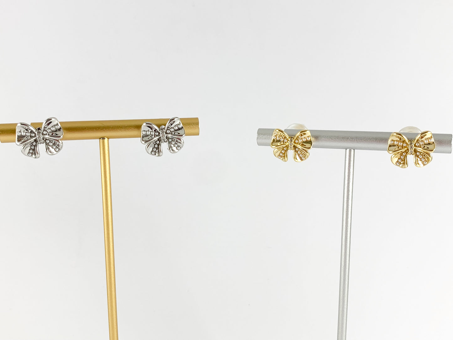 Cute Bowtie Studs with Pearls and CZ Pave in 18K Gold or Silver plated Copper 4 pairs