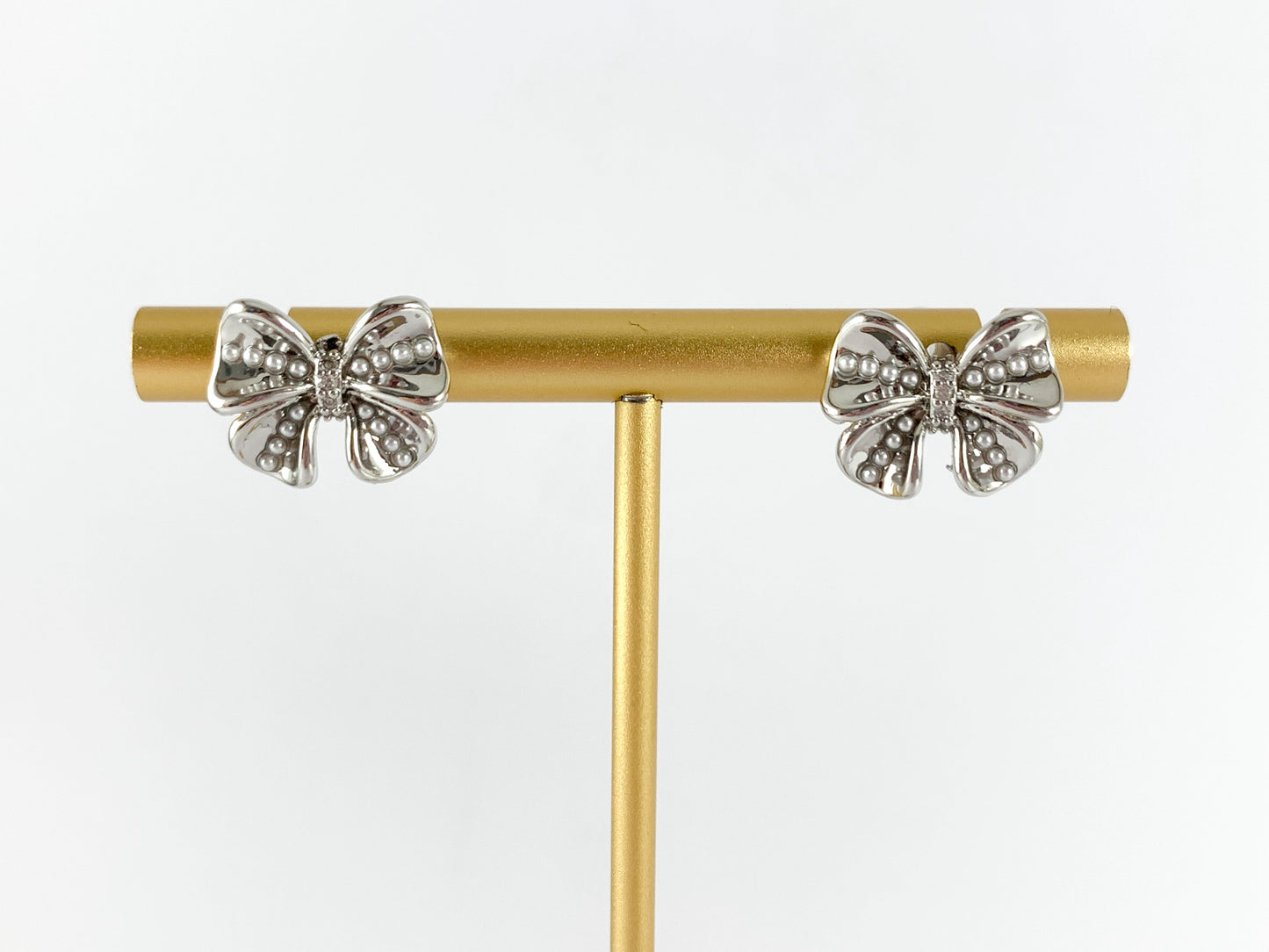 Cute Bowtie Studs with Pearls and CZ Pave in 18K Gold or Silver plated Copper 4 pairs