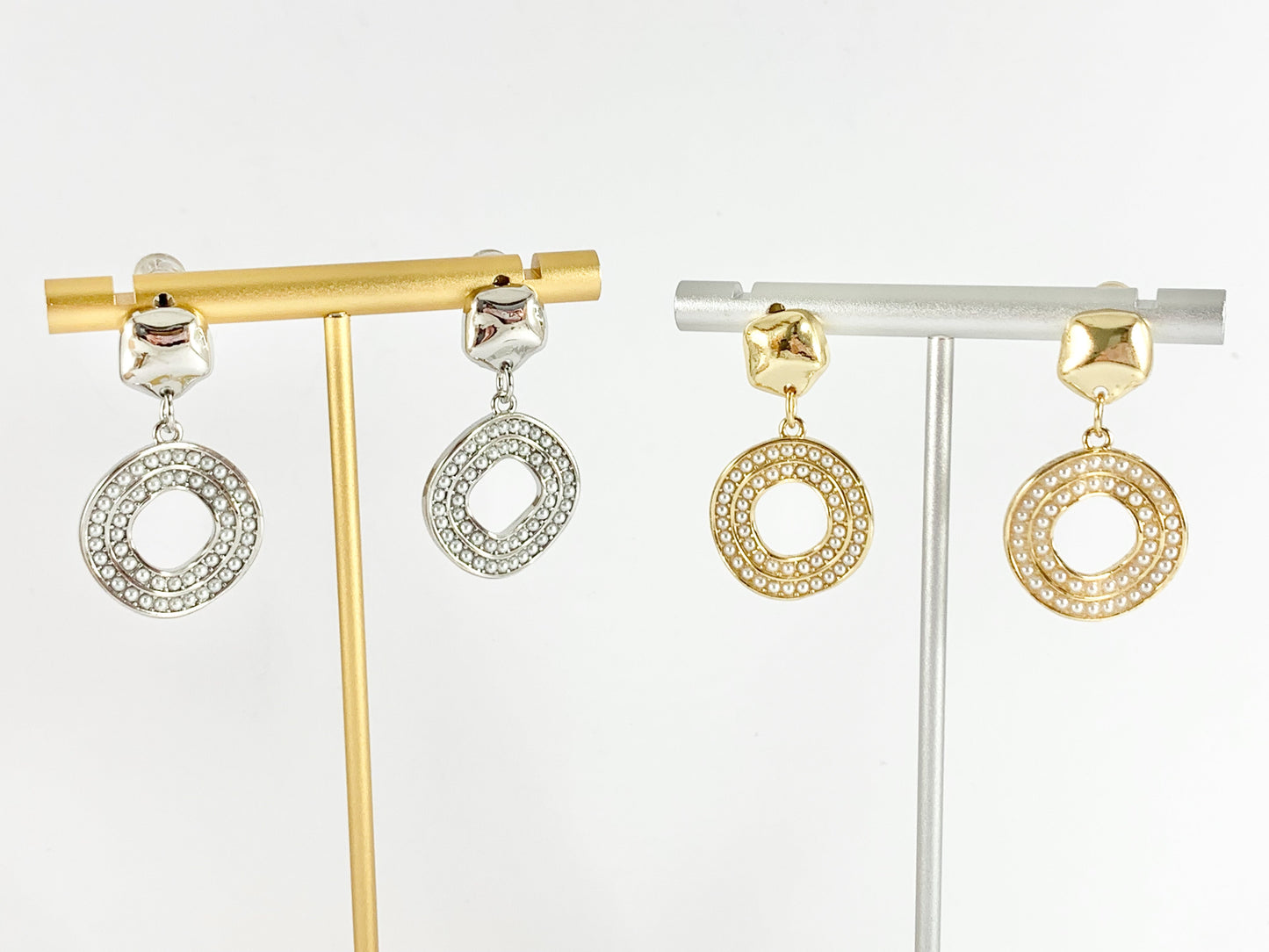 Elegant Pearl Circle Dangle Earrings in 18K Gold or Silver plated Copper 2 pairs