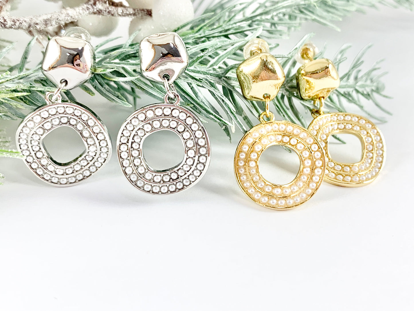 Elegant Pearl Circle Dangle Earrings in 18K Gold or Silver plated Copper 2 pairs