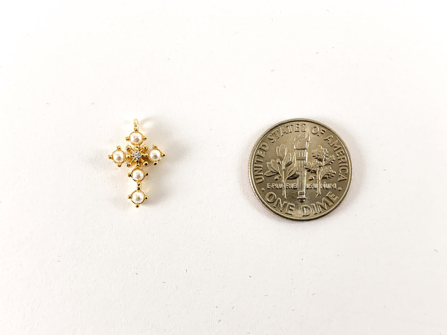 Real Gold 18K Plated Micro CZ Pave Tiny Pearl Cross Charm Over Brass 10pcs